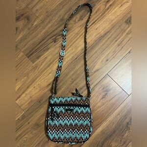 Vera Bradley crossbody purse. Cloth bag. Turquoise, brown, tan and black print.